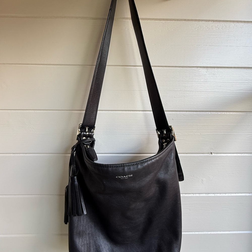 Coach Black Leather Shoulder Bag with Tassel Accent